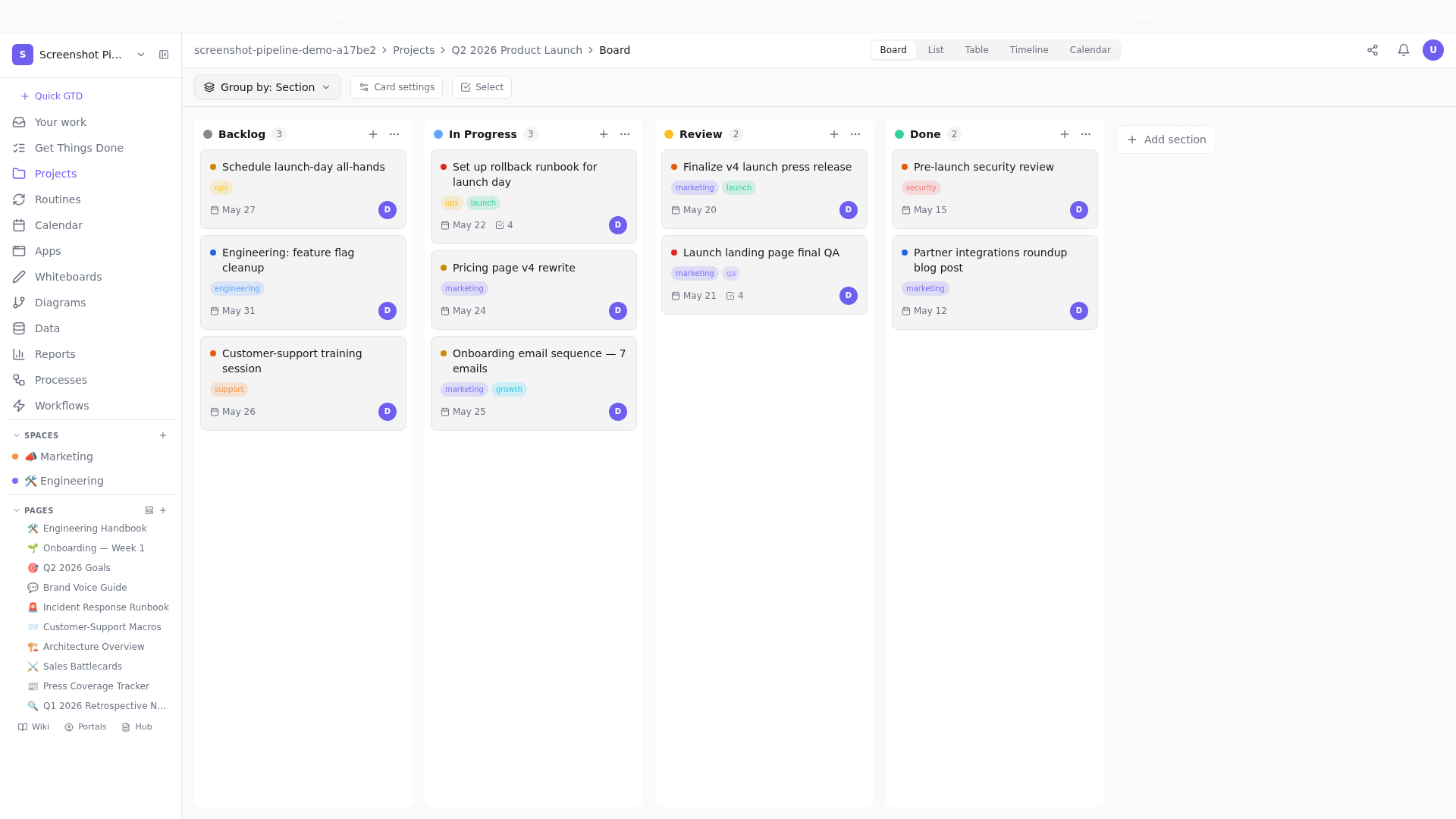 A board view in mid-flight — Backlog / In Progress / Review / Done. Switch view modes from the same toolbar.