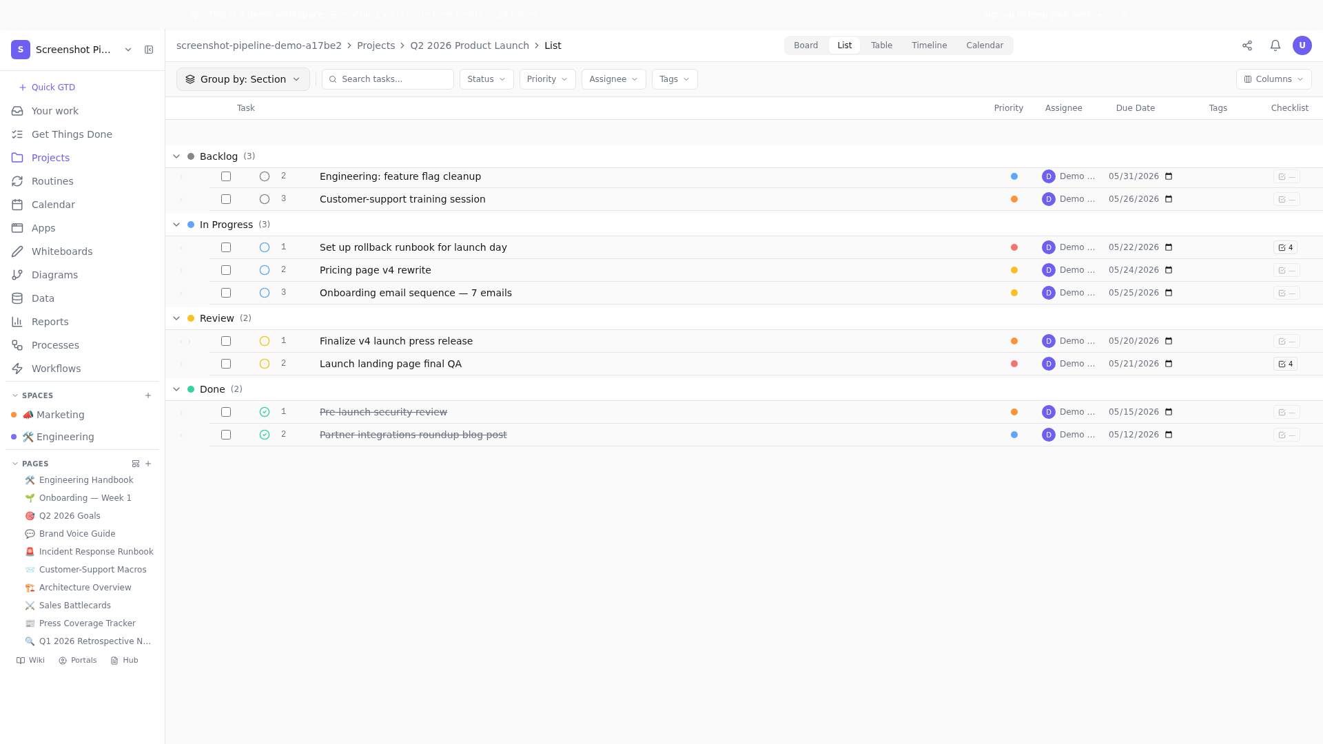 Every task has its own context — assignee, dates, checklist, links to docs. Three months later it still reads cleanly.